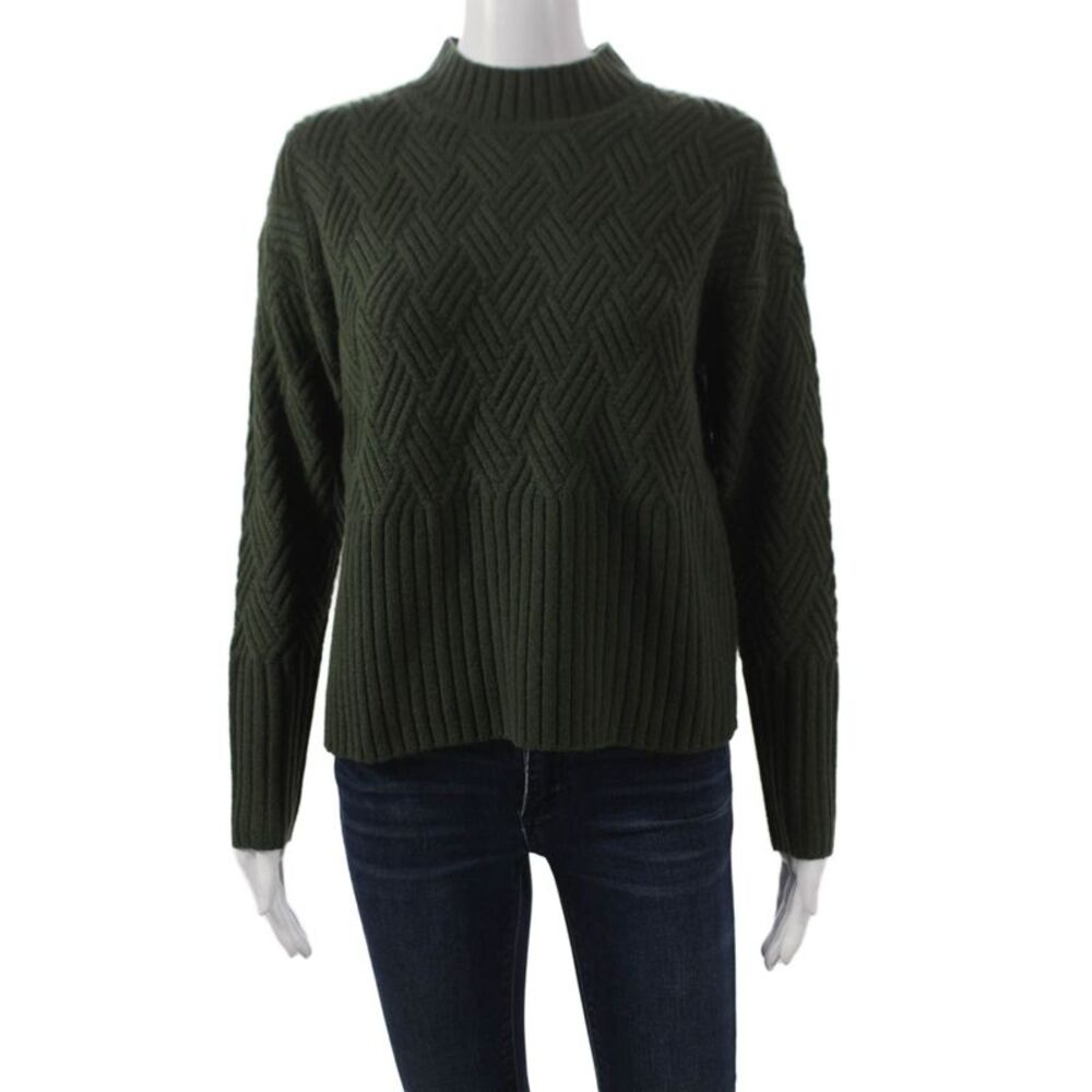 Alashan Womens Green Merino Wool Pullover Sweater Mock Neck Long Sleeve Size XS